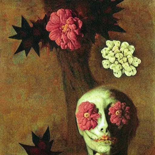 Image similar to a severed head with flowers and plants growing, by Odd Nerdrum, by Francisco Goya, by M.C. Escher, beautiful, eerie, surreal, colorful