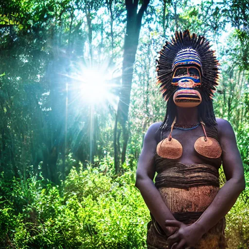 Image similar to dogon woman wearing traditional dogon tribal mask standing in a clearing in the deep forest, rays of the sun, caustics, realistic, photography, photojournalism, national geographic photoshoot, inner glow, shimmer, sparkle, smoke, dust