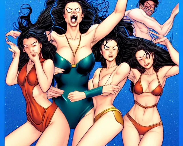 Image similar to fantasy comic cover art of a ( ( group of swimsuit models ) ) laughing at harvey weinstein, detailed faces, illustration by jenny frison and sana takeda and kenichi sonoda, intricate details, stunning inking lines, stunning gradient colors, 4 k, hd, artstation, award winning