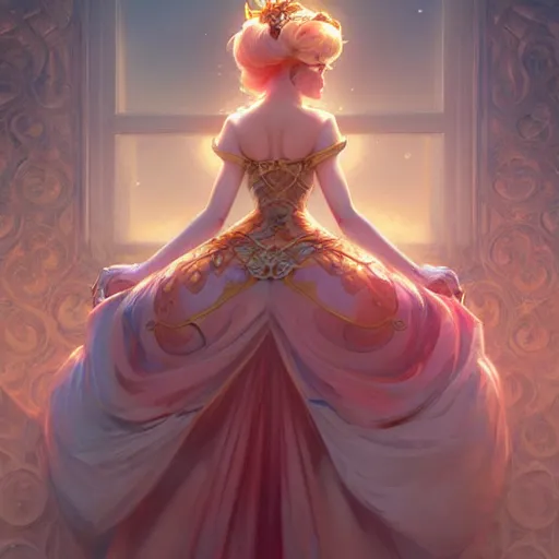 Image similar to Princess Peach, fantasy, intricate, elegant, highly detailed, digital painting, artstation, concept art, matte, sharp focus, illustration, art by Artgerm and Greg Rutkowski and Alphonse Mucha