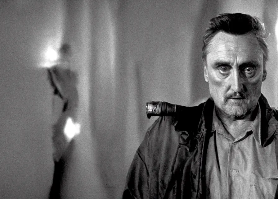 Image similar to Film still of Dennis Hopper in Twin Peaks (1990), evil in the Black Lodge from Twin Peaks, eerie lynchian photography
