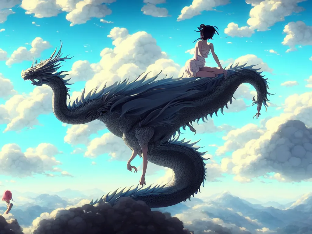 Image similar to a vast scene, panorama distant view, hyper detailed scene render of a beautiful girl sit on a huge silver dragon back, in the white clouds fairyland, animation portrait concept art, style of makoto shinkai, xision, james jean and peter mohrbacher, studio ghibli, artgerm, karol bak, beeple, 4 k hd, animation style