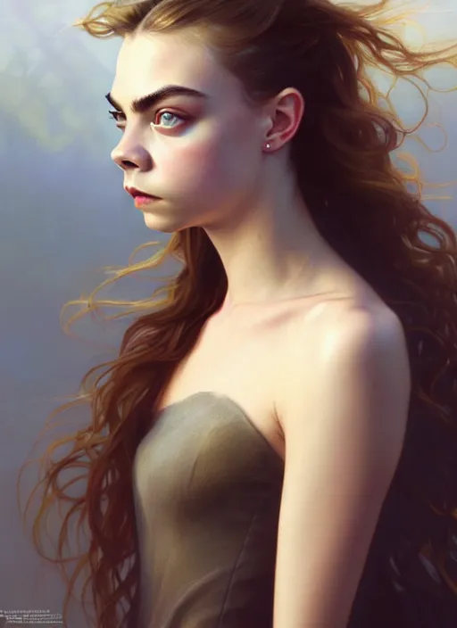 Image similar to half cara delevingne half Anya Taylor-Joy a pure gorgeous seductive angel, full body portrait, slight smile, diffuse natural sun lights, autumn lights, highly detailed, digital painting, artstation, concept art, sharp focus, illustration, art by wlop and greg rutkowski and alphonse mucha and artgerm