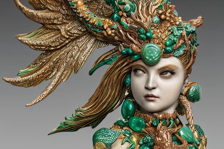 Prompt: a closeup photo - real delicate ceramic porcelain sculpture of an ornate detailed phoenix goddess in front of an intricate background by rafael, micro detail, backlit lighting, subsurface scattering, translucent, thin porcelain, emerald, jade, octane renderer, colorful, physically based rendering, trending on cgsociety