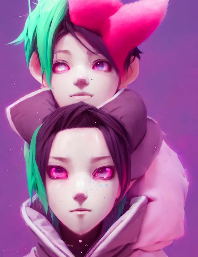 Image similar to a beautiful headshot portrait of a cute anime male with pink hair and pink wolf ears wearing a hoodie. piercings. green eyes. character design by cory loftis, fenghua zhong, ryohei hase, ismail inceoglu and ruan jia. artstation, volumetric light, detailed, photorealistic, fantasy, rendered in octane