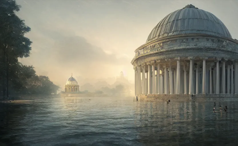 Prompt: Neoclassical building with dome in the middle lake, intricate, elegant, volumetric lighting, digital painting, highly detailed, artstation, sharp focus, illustration, concept art, ruan jia, steve mccurry