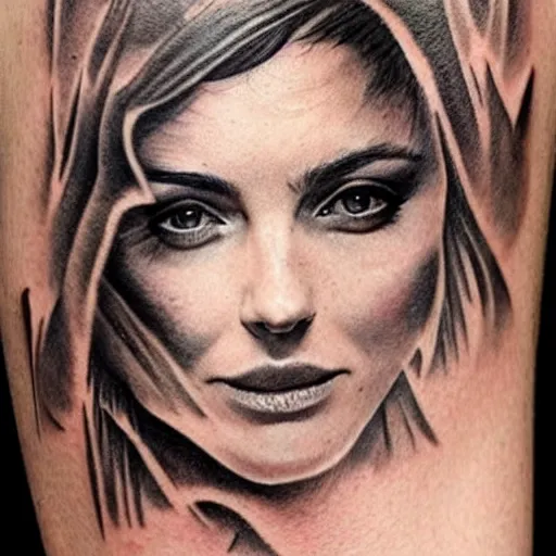 Image similar to realistic tattoo sketch of kate kuray face double exposure with a mountain scenery, in the style of matteo pasqualin, amazing detail, sharp