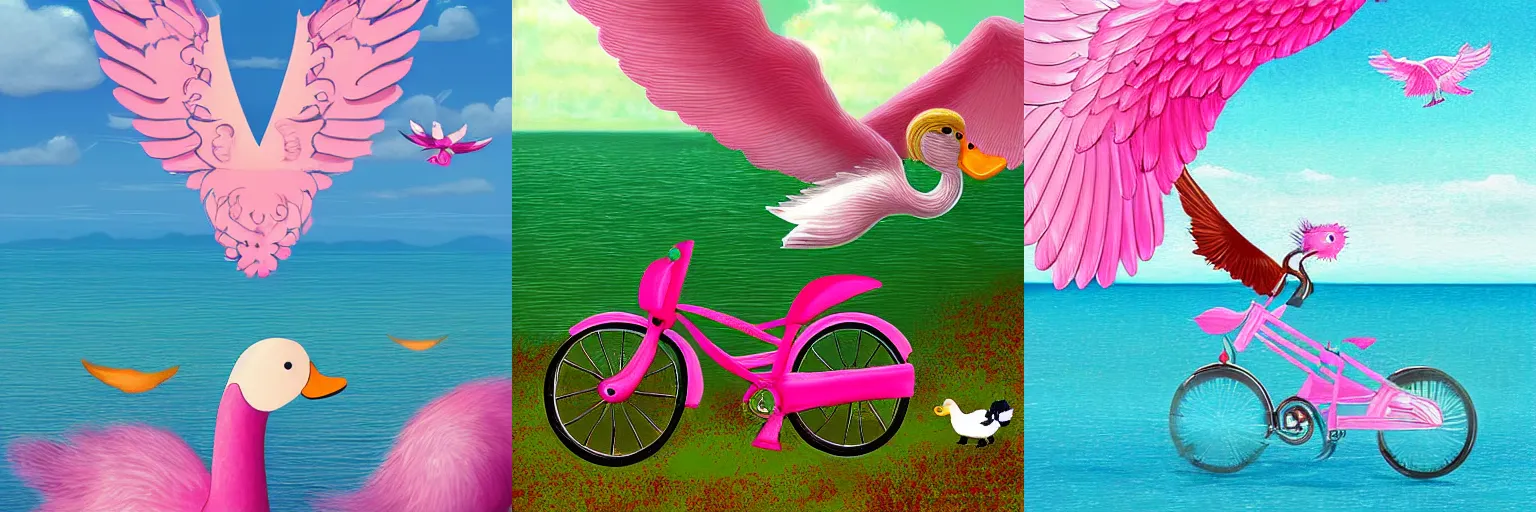 Prompt: A pink double bike with wings flying over the ocean, a duck, a dog and a sheep, digital art