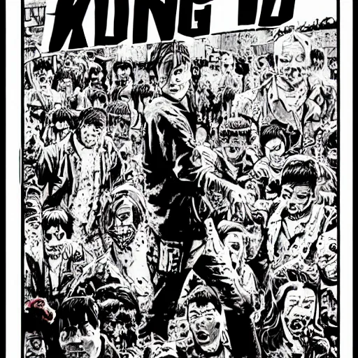 Image similar to glossy old advertising poster, the walking dead, man walking through crowded hong kong street, zombies, horror, drawn comic by junji ito, pastels, gradient