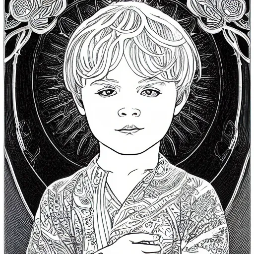 Prompt: clean simple line art of a little boy with short hair. no background. well composed, clean coloring book page, beautiful detailed face. coloring book line art by greg rutkowski and johanna basford and alphonse mucha