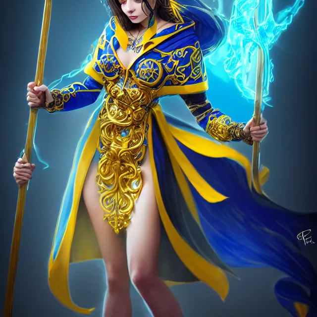 Image similar to beautiful elemental electric witch with ornate blue andyellow robes and staff, highly detailed, 4 k, hdr, smooth, sharp focus, high resolution, award - winning photo, artgerm, photorealistic