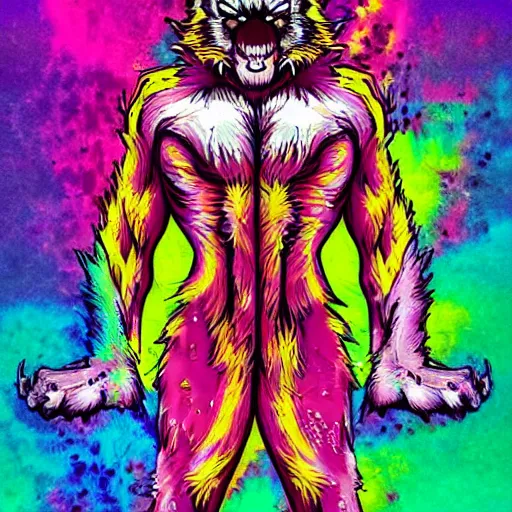 Prompt: a werewolf covered in blood in the style of lisa frank