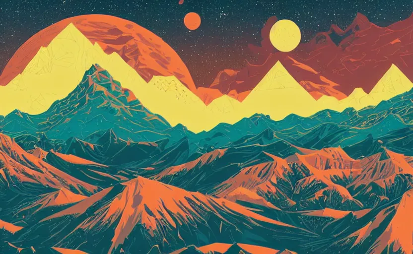 Image similar to mountains, stars and paisley filled sky, artstation, intricate, highly detailed, digital painting, concept art, sharp focus, illustration by Tom Whalen and Kilian Eng