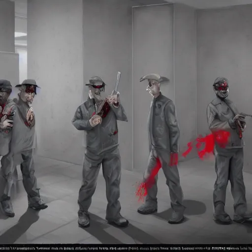 Image similar to zombie security officers ( beige uniform and caps ) ( floating in red spectral aura ) wield uzis in ( brutalist concrete gray office ) trending on artstation high detail concept art digital painting 4 k 8 k hd