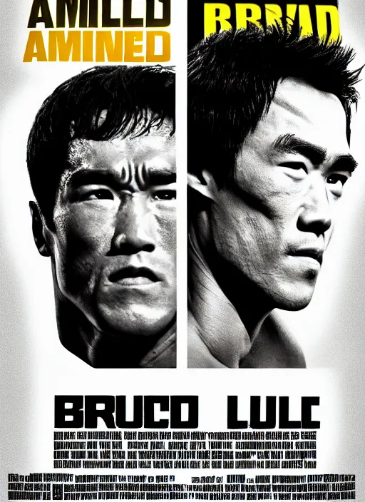 Image similar to Film poster Arnold Schwarzenegger VS Bruce lee , faces look at each other, detailed and realistic, 4k, filmic render