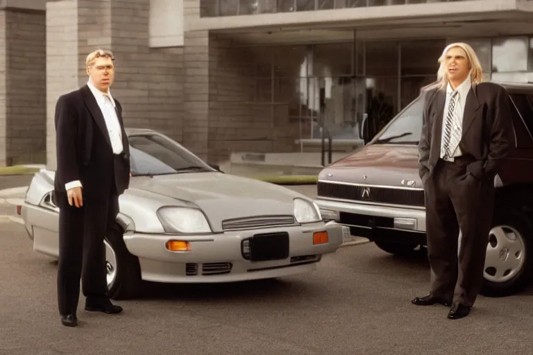 Image similar to cinematic still of portly clean-shaven white man wearing suit and necktie and curly blonde blonde blonde hair as car salesman in 1994 film, XF IQ4, f/1.4, ISO 200, 1/160s, 8K, RAW, dramatic lighting, symmetrical balance, in-frame