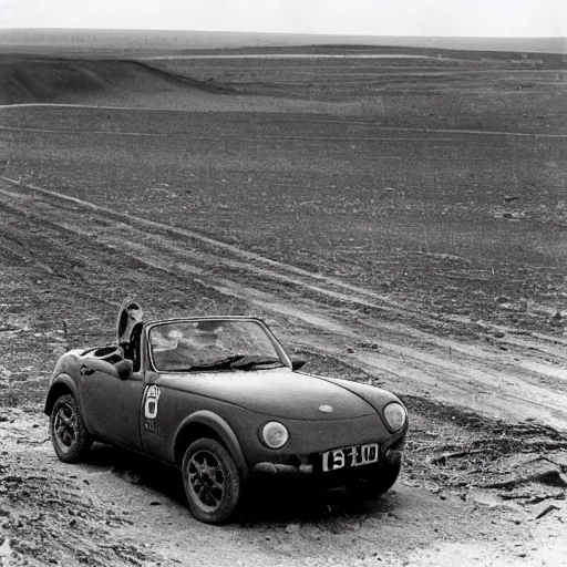 Prompt: a mazda mx-5 standing in no man's land, ww1, grainy black and white photograph