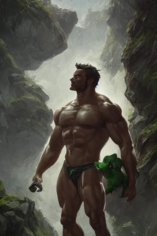 Image similar to the ultimate gigachad, incredibly handsome muscular man with chiseled jawline, black hair, green eyes by Nuri iyem, James gurney, James Jean, Greg Rutkowski, highly detailed, trending on artstation, artstationHD, artstationHQ, 4k, 8k