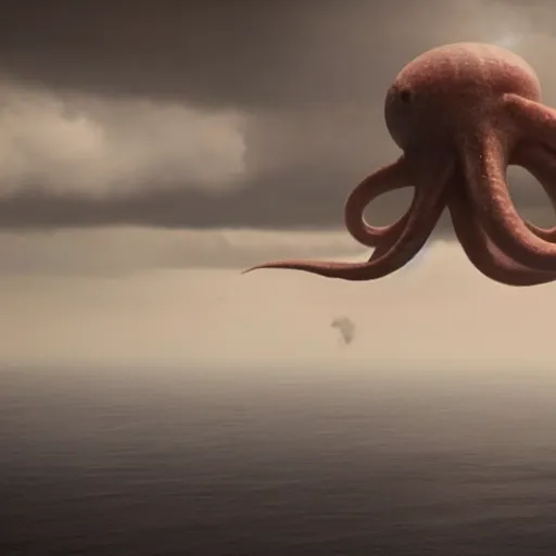 Image similar to a giant squid octopus chimea hanging from the clouds over a rain forest, still from the movie the arrival, 8k