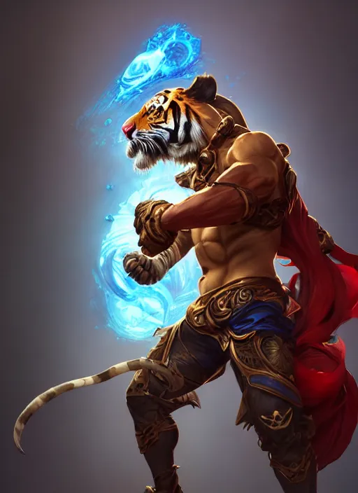 Prompt: anthropomorphized male tiger as league of legends hero, masculine and strong, red tattered bandana by artgerm, cushart krenz, greg rutkowski, mucha. art nouveau. gloomhaven, swirly liquid ripples, blue tones, vibrant colors, sharp edges. ultra clear detailed. 8 k. elegant, intricate, octane render