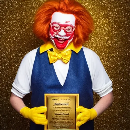 Prompt: extremely detailed studio portrait of ronald mcdonald surrended by gold, soft light, golden glow, award winning photo, 4 k