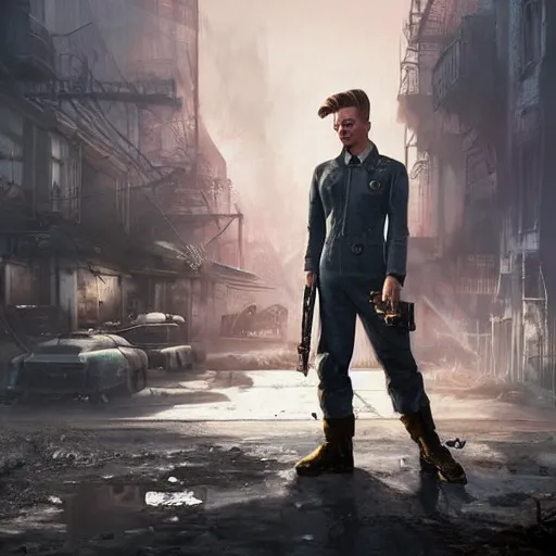 Image similar to fallout 4, charismatic david bowie, portrait, outdoors ruined cityscape, atmospheric lighting, painted, intricate, volumetric lighting, beautiful, daytime, sunny weather, slight overcast, sharp focus, deep colours, ultra detailed, by leesha hannigan, ross tran, thierry doizon, kai carpenter, ignacio fernandez rios