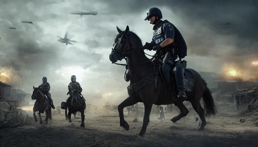 Image similar to police riding a militarized horse through an orwellian town, troops searching the area, action scene, an epic fantasy, dramatic lighting, cinematic, establishing shot, extremely high detail, photorealistic, cinematic lighting, artstation, octane render, by Christopher Nolan, horizon forbidden west