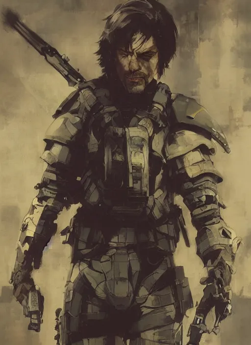 Image similar to Leni Robredo wearing metal gear armor holding a shotgun dramatic lighting art by Yoji Shinkawa by Richard Schmid by greg rutkowski by Sandra Chevrier by Jeremy Lipking cinematic dramatic