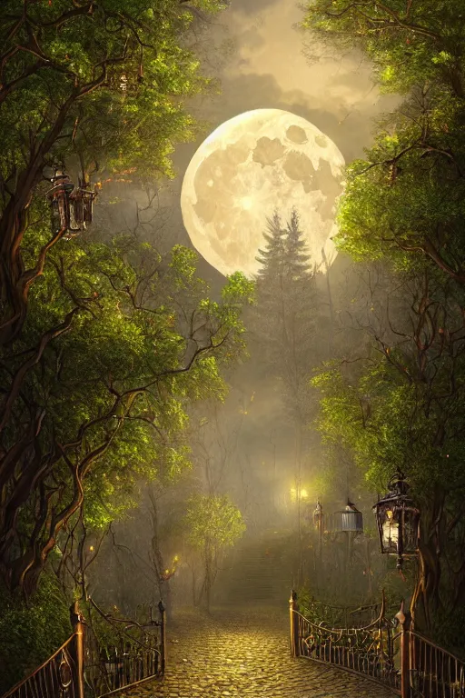 Prompt: a beautiful digital illustration painting of a detailed gothic fantasy fireflies forest trees and iron gate cobblestone pathway vines full moon by james gurney, 8 k resolution trending on artstation concept art digital illustration