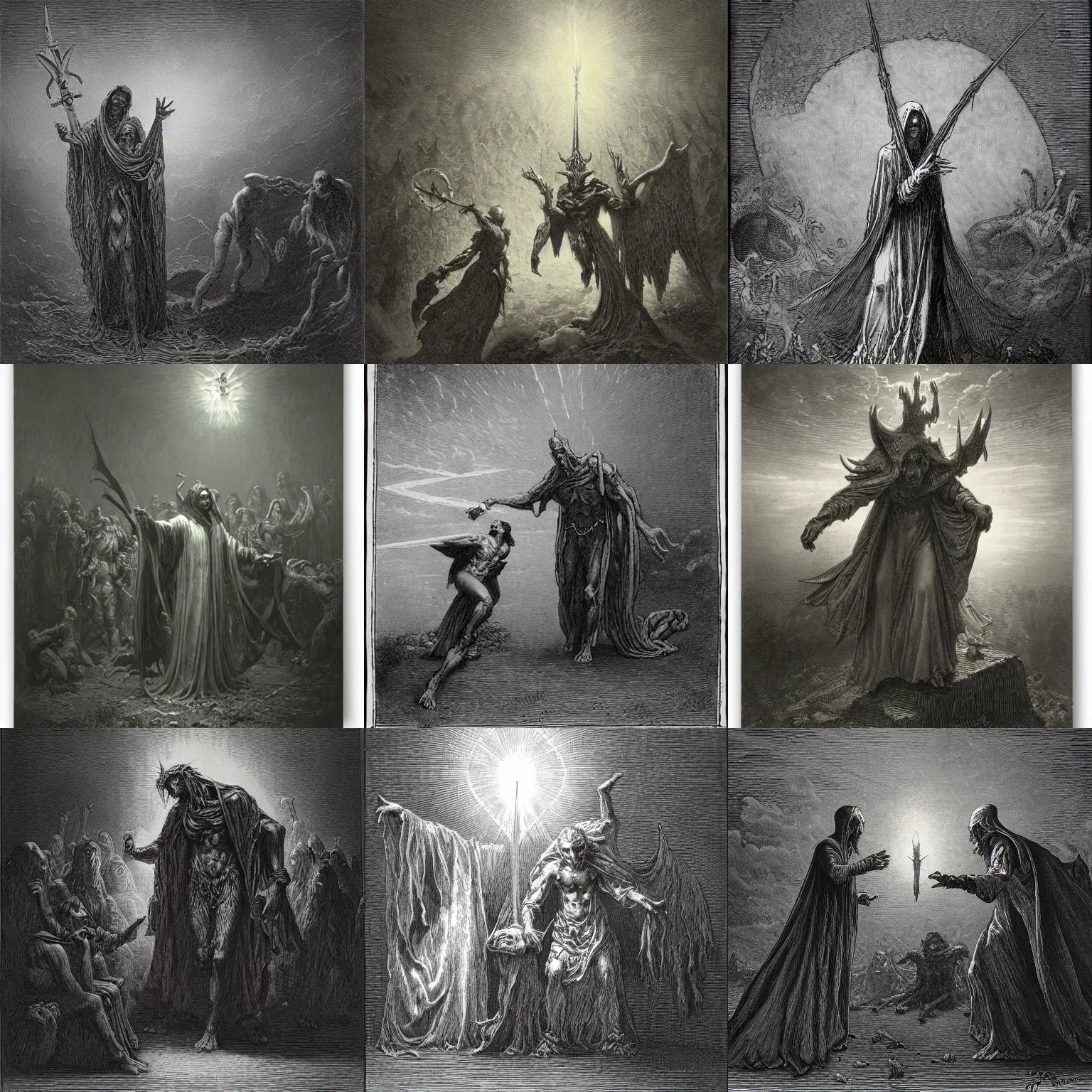 Prompt: necromancer summoning a demon by gustave dore