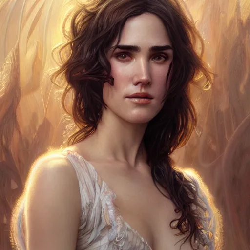 Prompt: ultra realistic illustration, jennifer connelly, intricate, elegant, highly detailed, digital painting, artstation, smooth, sharp focus, art by artgerm and greg rutkowski and alphonse mucha