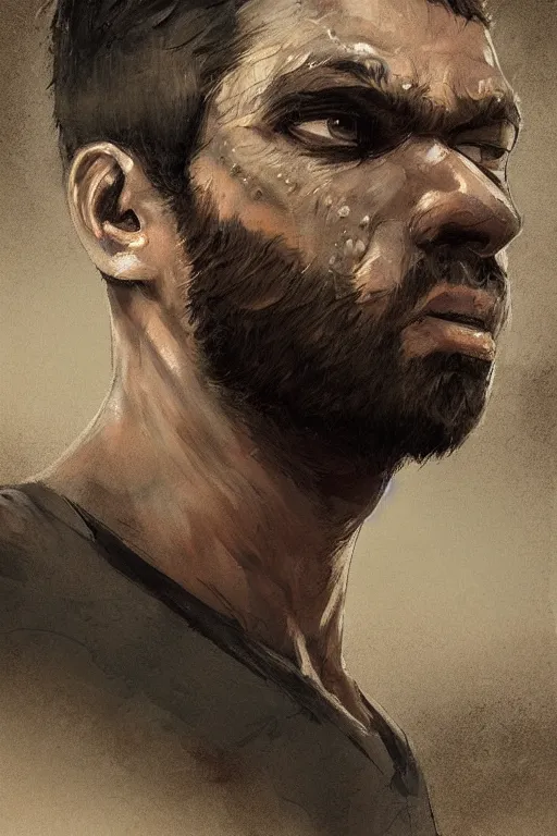 Image similar to very detailed portrait of a rugged man in his early thirties, strong jaws, latino features, wearing a black t - shirt, earthy color scheme, by wlop and krenz cushart and artem demura and artgerm, historical fiction, detailed eyes, starry background, trending, on artstation.