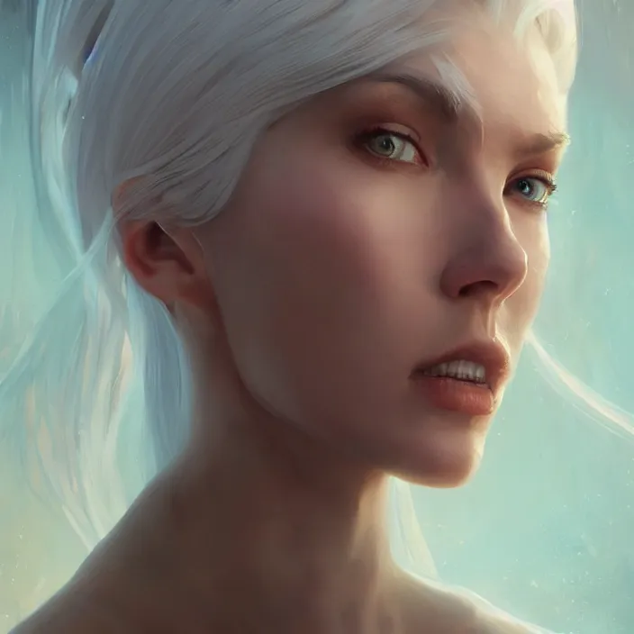 Prompt: a realistic detail portrait of a beautiful female angle has white hair in Atlantis, magic, dragon, oil painting by Julian calle, wlop, greg rutkowski, Finnian MacManus, Syd mead Trending on artstation, red and yellow scheme, 8k, Unreal Engine, wide-angle lens