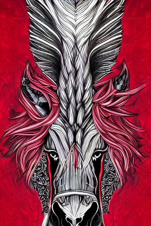 Image similar to evil unicorn, symmetrical, highly detailed, digital art, sharp focus, trending on art station, red and black