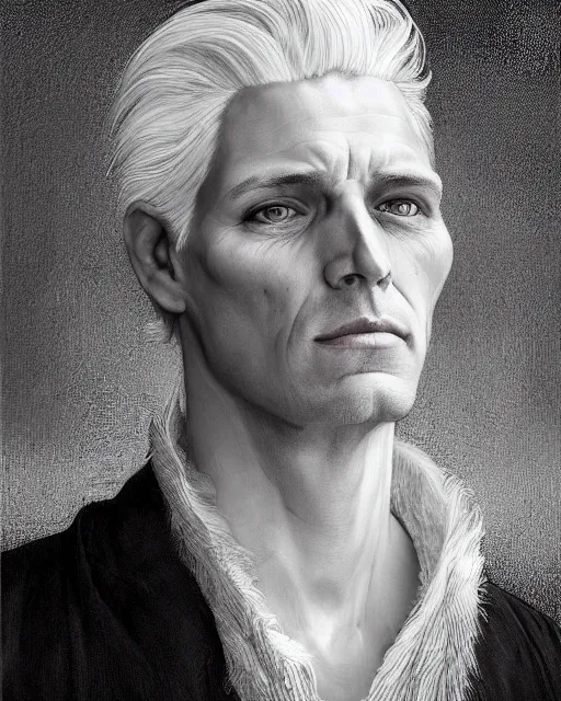 Image similar to portrait of 4 0 - year - old man with white hair with a pale complexion, pointed face and grey eyes, clear smooth face, no beard, wearing black clothes, haughty facial expression, hyper realistic face, beautiful eyes, close up, fantasy art, in the style of greg rutkowski, intricate, alphonse mucha, hyper detailed, smooth