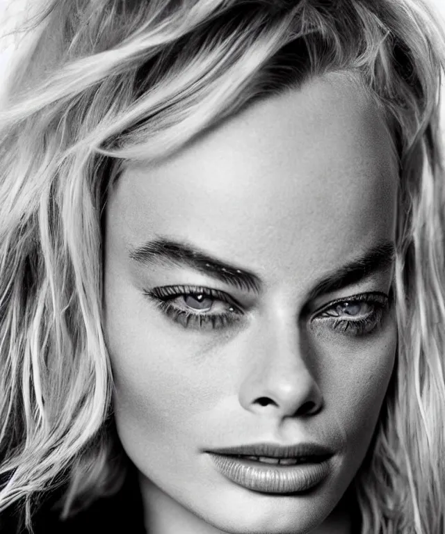 Image similar to a color photograph of margot robbie, by james nachtwey, platinum blond, intense, bold, exaggerated, ultra sharp, extra details, ultra high quality, trending on pinteresst