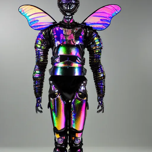 Prompt: full body biomechanical suit made of iridescent butterfly scales
