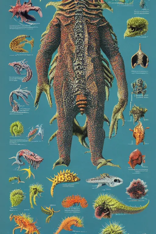 Image similar to biology textbook page, kaiju, 1990s, vintage, anatomy, photographic, kodak portra 400, 8k