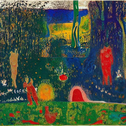 Image similar to a couple in the garden of eden, scared, painted by Asger Jorn, Peter Doig, abstract oil paint with thick brushstrokes of paint, ultra detailed, realistic, small spot of thick melting paint drips all over, 8k