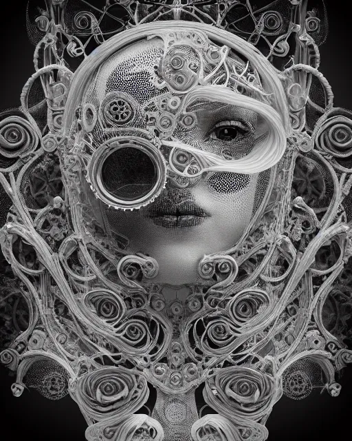 Prompt: mythical dreamy black and white organic bio-mechanical spinal ribbed profile face portrait detail of translucent steampunk beautiful intricated siamese sisters angelic-human-queen-vegetal-cyborg, highly detailed, intricate trnaslucent ivy jelly ornate, poetic, translucent roses ornate, 3D render, digital art, octane render, 8K artistic photography, photo-realistic, by Dora Maar