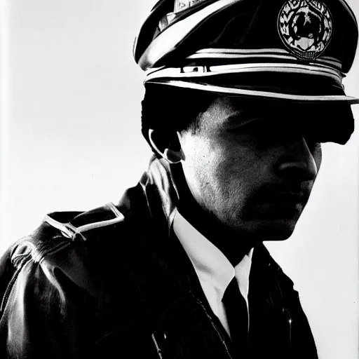 Prompt: a long shot, black & white studio photographic portrait of a mexican pilot, dramatic backlighting, 1 9 9 3 photo from life magazine, color photo