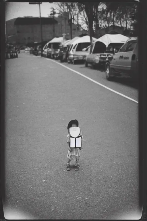 Prompt: photo polaroid of a sad and lonely child in the middle of a small street where there are tents of field hospitals all around, pandemic, loneliness, black and white ,photorealistic, 35mm film,