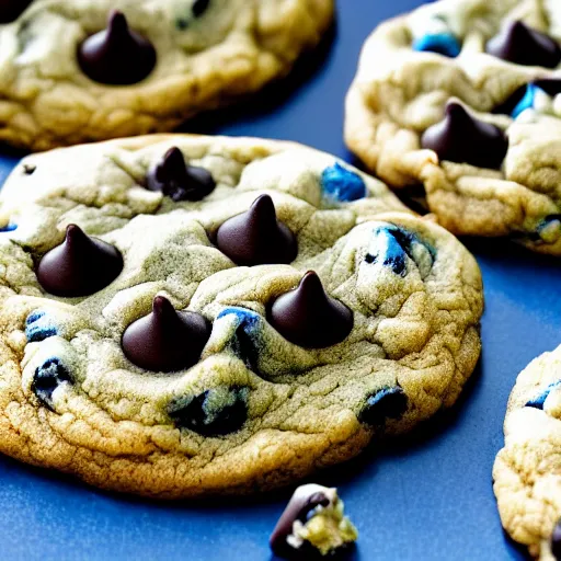 Prompt: blue chocolate chip cookie