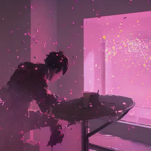 Image similar to a pink microwave exploding with confetti, dramatic lighting, illustration by greg rutkowski, yoji shinkawa, 4 k, digital art, concept art, trending on artstation