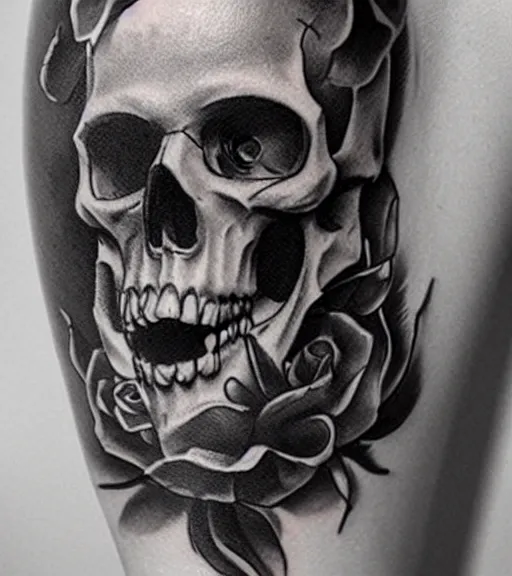 Image similar to a tattoo design with a creative skull, in the style of den yakovlev, hyper realistic, black and white, realism, highly detailed