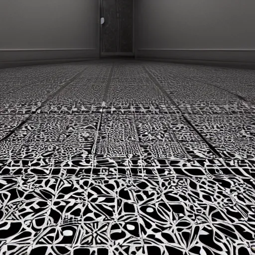 Image similar to photo of invisible ceramic tiles arranged in intricately shaped patterns in a black room by Sparth and Jeff Simpson and ,photo,photo real,octane render,vray,ambient occlusion,no lighting, in a black room