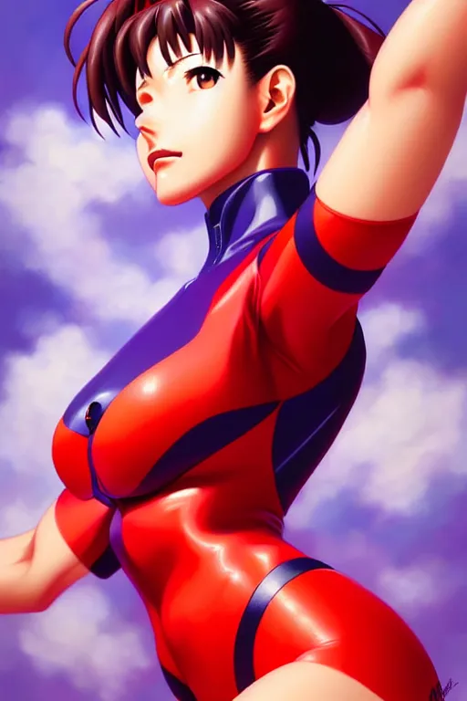 Image similar to a ultradetailed beautiful painting of misato from evangelion, by artgerm trending on artstation