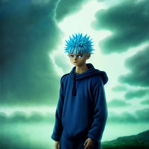 Prompt: killua zoldyck made by zdzisław beksinski, thunderstorm, lighting, blue, pose, 8 k, detailed, high quality, 8 k, detailed face, spiky hair, light