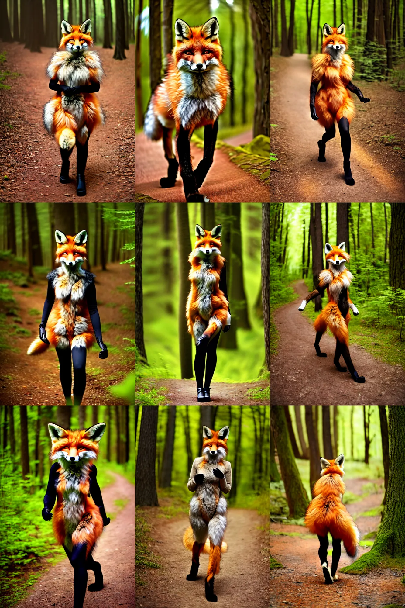 Prompt: anthro furry digitigrade natural - colored fox woman with black paws, walking upright in a forest, low contrast, low saturation