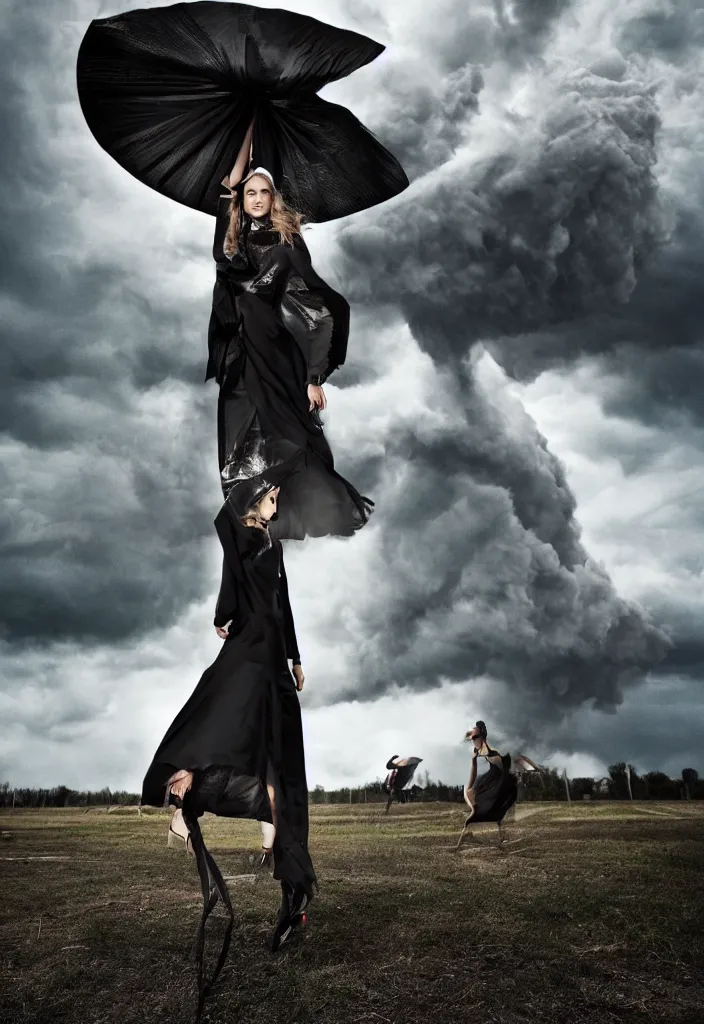 Prompt: fashion editorial in a tornado. wide angle shot. highly detailed.